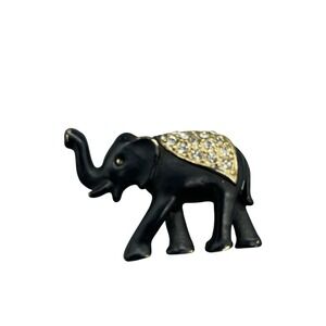 Vintage MEESCO Black Enamel Elephant Brooch Gold Tone Rhinestone Pin missing eye